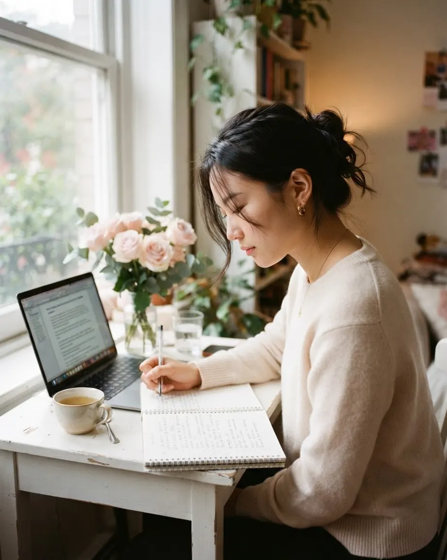 Une élève révise à son bureau